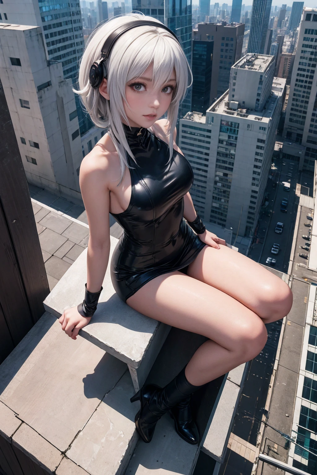 uma mulher sentada em uma saliência acima da cidade, garota de anime na vida real, Cosplay de garota de anime, sentado no telhado de um arranha-céu, pairando acima de uma cidade densa, Sobre a cidade, estilo anime, Misturado com Fujifilm, Coleção estilo Kantai, 2p, Sentado no telhado, 2 p, foto muito detalhada da giganta, foto de cosplay, Cabelo branco flutua no ar