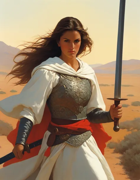 in style of Scarlett Hooft Graafland,Sword-wielding female warrior, full body, flat color illustration 