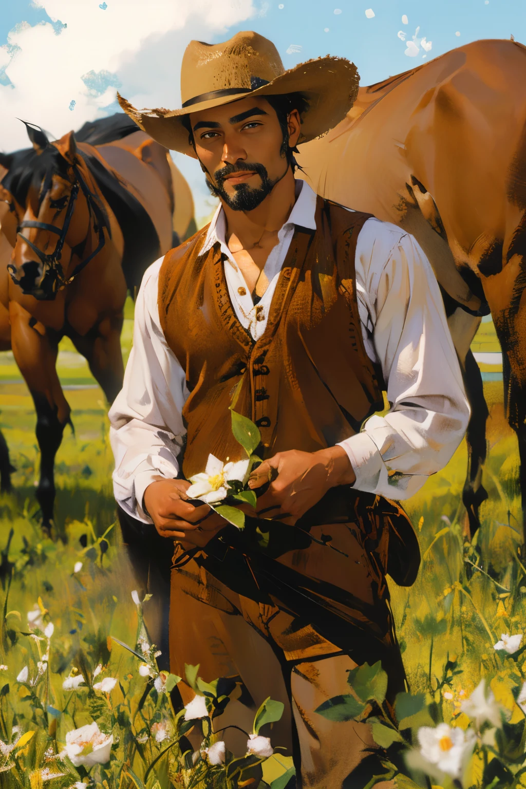 cowboy masculino solitário segurando rosas selvagens em um campo, traje marrom, Filipino Americano, Rosto bonito, pelos faciais claros, Cabelo de comprimento médio, chapéu de cowboy marrom claro, salmonete