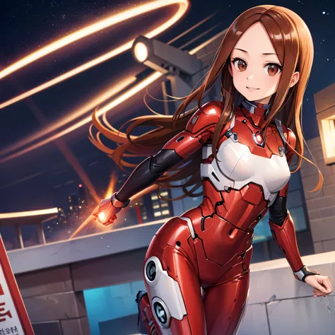 takagi girl ,  body,  long hair smug smile provocação, ironman armour,  city night,  hero stily .