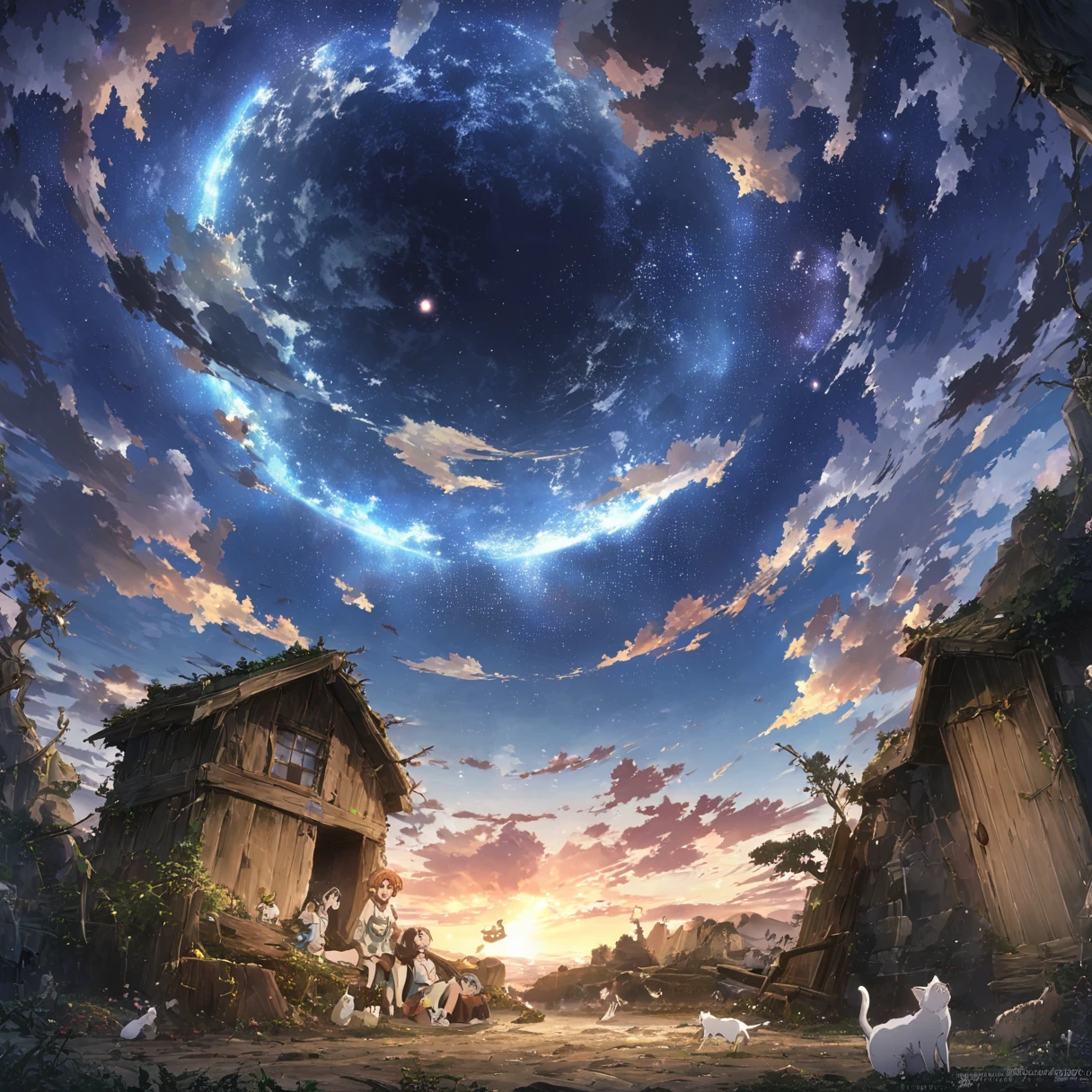 Anime drawings inspired by Makoto Shinkai, 「Sparrow&#39;s Door Lock」, rotting wooden door, Topics on pixiv, Space Art, Makoto Shinkai Cyril Roland, Anime Japanese man and woman in their late teens sitting and looking at the sky, Sota Munakata, Suzume Iwato, 二人の周りにWhite cat少女とBlack cat少女とThree-haired cat少女が空駆けまわる様にいる, 4k anime wallpaper,anime art wallpaper 8k, Anime Art Wallpaper 16k, anime art wallpaper 32k, Daijin, サDaijin, White cat, Black cat, Three-haired cat