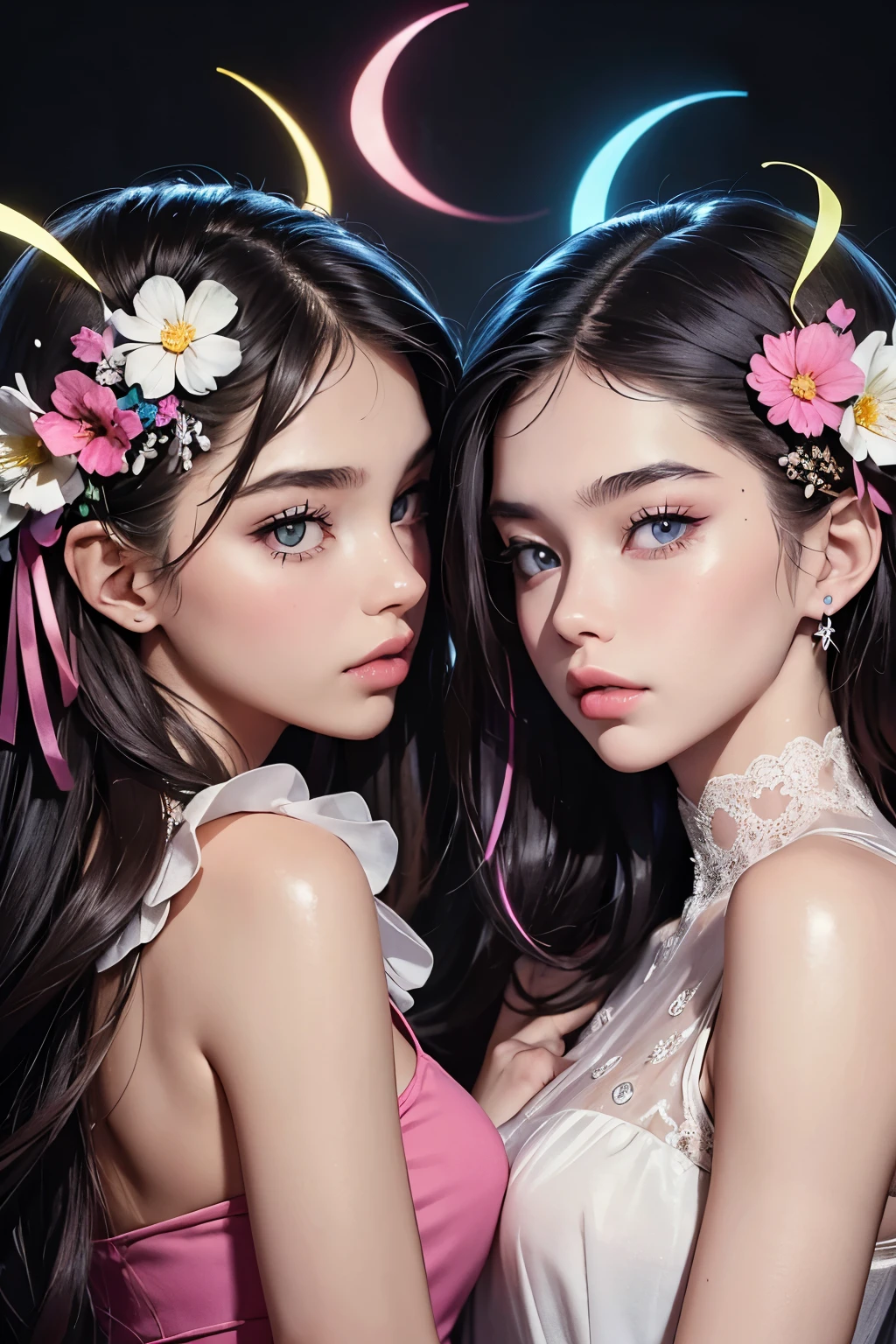 Two beautiful asian women with flower hair and pink dresses - SeaArt AI