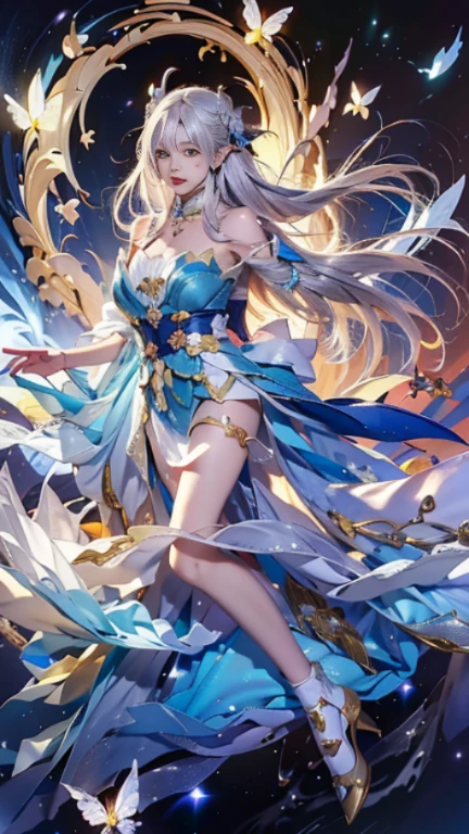 Anime girl with white hair and blue dress flies in the sky, Beautiful Celestial Magician,Long-eared Elf Queen，profile，Please lift your head a little.，Fantasy，by ヤン・J, 《Genshin Impact》Be clear, Kschaert Krentz Key Art Feminine, Highly detailed art gems, Beautiful young wind spirit, Anime Goddess, Detailed Key Anime Art, White-haired God, Anime fantasy artwork, Star Fairy, Beautiful character drawings, Beautiful anime artwork