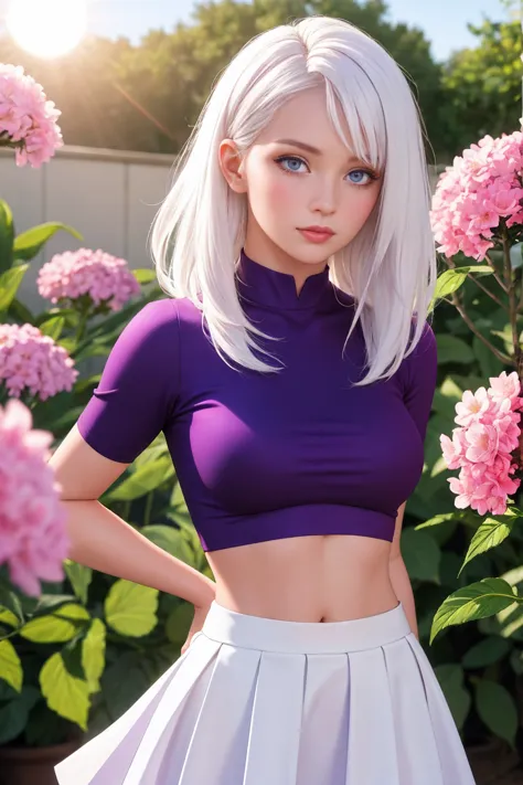 realistic, 1 girl, white hair, purple eyes, brilliant eyes, crop top, skirt, parted lips, blush, night, flowers, sun, sunlight,