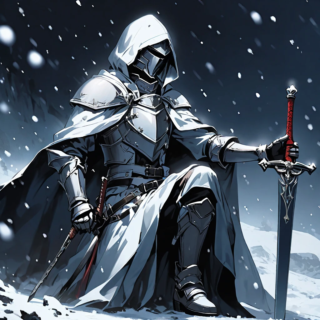 solo, 1boy, holding, sitting, weapon, male focus, sword, hood, cape, holding weapon, armor, glowing, holding sword, gauntlets, cloak, snow, 1other, hood up, snowing, one knee, planted, full armor, planted sword, ambiguous gender