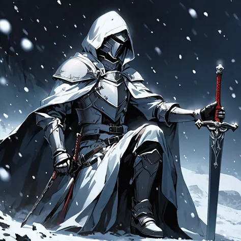 solo, 1boy, holding, sitting, weapon, male focus, sword, hood, cape, holding weapon, armor, glowing, holding sword, gauntlets, c...