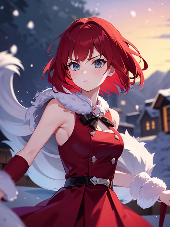 girl，Red Hair，short hair，Second dimension beautiful girl，Using a bow，Fluffy fur，Snow Scene