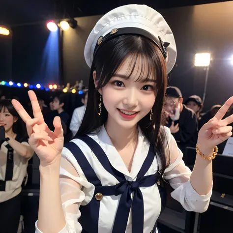 A young and beautiful woman、very beautiful、Top Idol、(Concert)、Euphoric look、smile、sweating、(A tight, semi-transparent sailor-style bodysuit:1.4、ribbon、Sailor Hat)、Dance hard、Hair is moving、Spotlight、View your viewers、