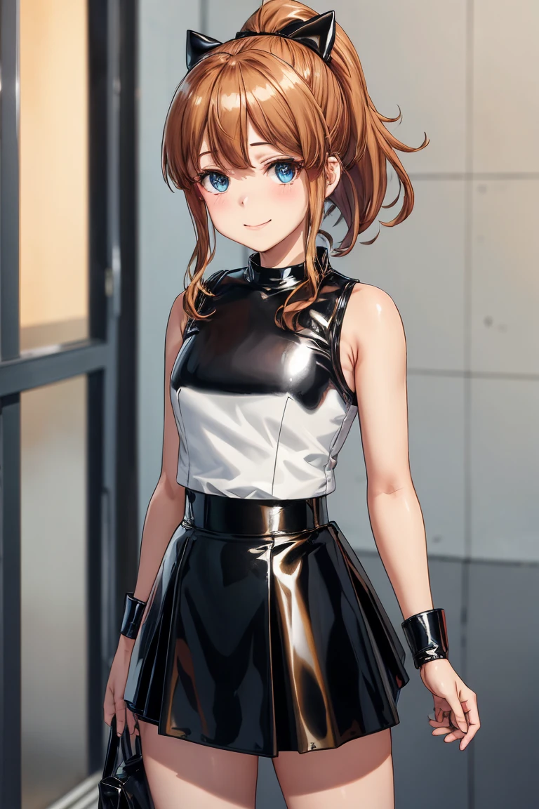 best quality, (masterpiece:1.2), highly detailed, standing, street,
1girl, solo, akatsuki minami,
looking at the viewer, closed mouth, smile, slight blush,
blue eyes, brown hair, ponytail, hair bow, sleeveless, ((dominant girl, latex skirt,  latex shirt)),(upper_body)