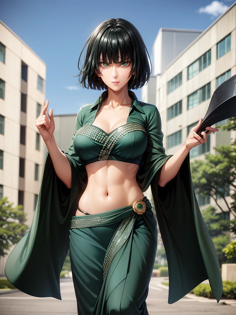 （8k, RAW photos, minino：1.1） ，female，（looki at viewer company），cowboy lens，Japanese，fubuki  / (opm\），（fullbody saree：1.1），La Brett Piercing，cleavage，(((dark green saree)))，seductive smile，Be red on the face, full body photo, standing, lean, muscular legs, muscular belly, short hair, green hair, green eye, breasts, medium breasts, (no bindi) Professional lighting、photon mapping、physics-based rendering、dark theme，wearing wifs, jewellery and pearl necklace, alone, extreme high quality, legs covering saree, one big axe on one hand