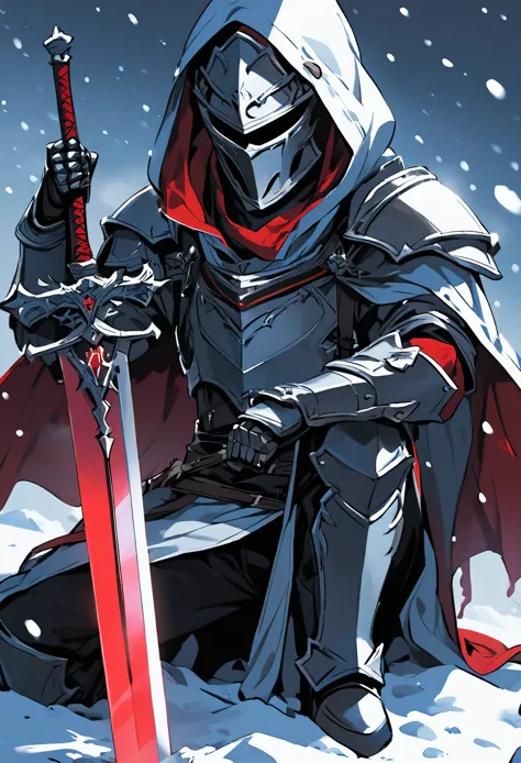 solo, 1boy, holding, sitting, weapon, male focus, sword, hood, cape, holding weapon, armor, glowing, holding sword, gauntlets, cloak, snow, 1other, hood up, snowing, one knee, planted, full armor, planted sword, ambiguous gender