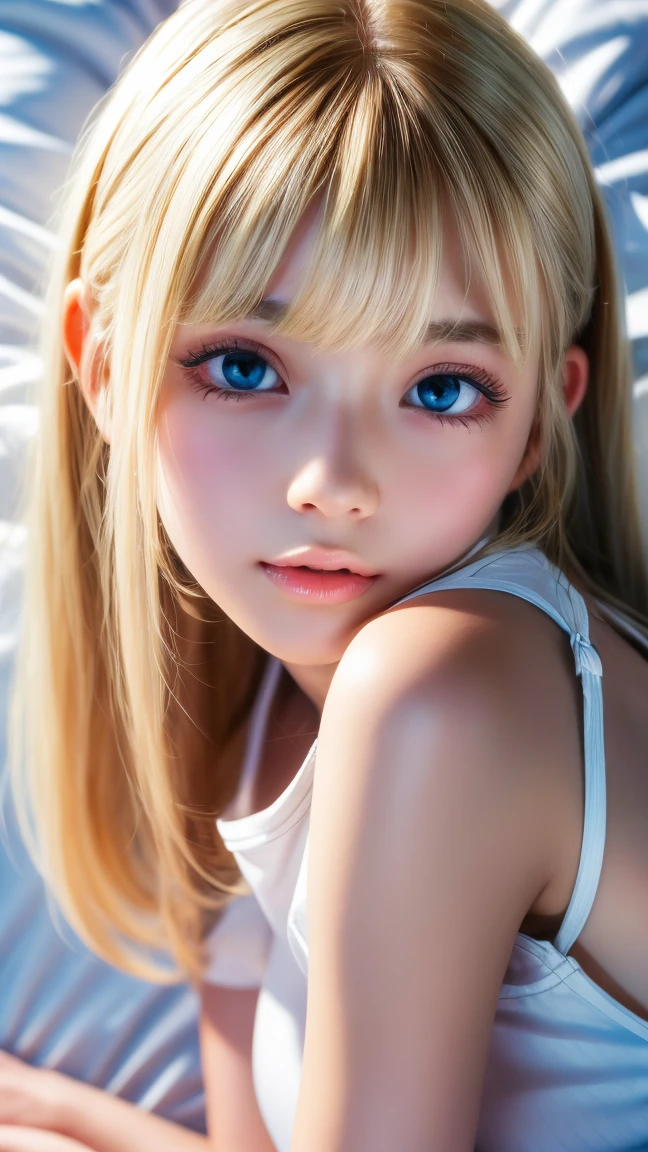 Beautiful and innocent 20 year old blonde girl、Beautiful shining platinum blonde hair、bangs fall on face、((Wearing an open white T-shirt,Dramatic Pose)),sexy look,Super long straight blonde silky hair,Bed Background,Beach Background、RAW Photos, (8k、highest quality、masterpiece:1.2)、(Intricate details:1.4)、(Realistic:1.4)、Octane Rendering、Exquisite 3D rendering for ultra-detailed detail, Studio Soft Light, Rim Light, Sharp details, Super Detail, Realistic skin texture, Cheek gloss、detailed aspects, Very beautiful bright pale blue eyes, Very big eyes、Highly detailed CG Unity 16k wallpaper, Perfect beauty、Round face、Compensate, (Detailed Background:1.2), Shiny skin, whole body、From head to thighs、Cleavage,((sleep with your head up、Top view angle))