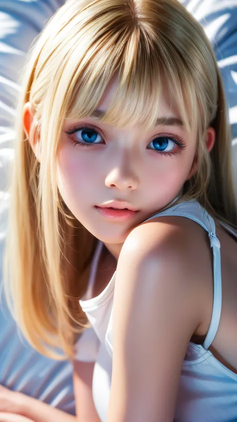 Beautiful and innocent 20 year old blonde girl、Beautiful shining platinum blonde hair、bangs fall on face、((Wearing an open white...