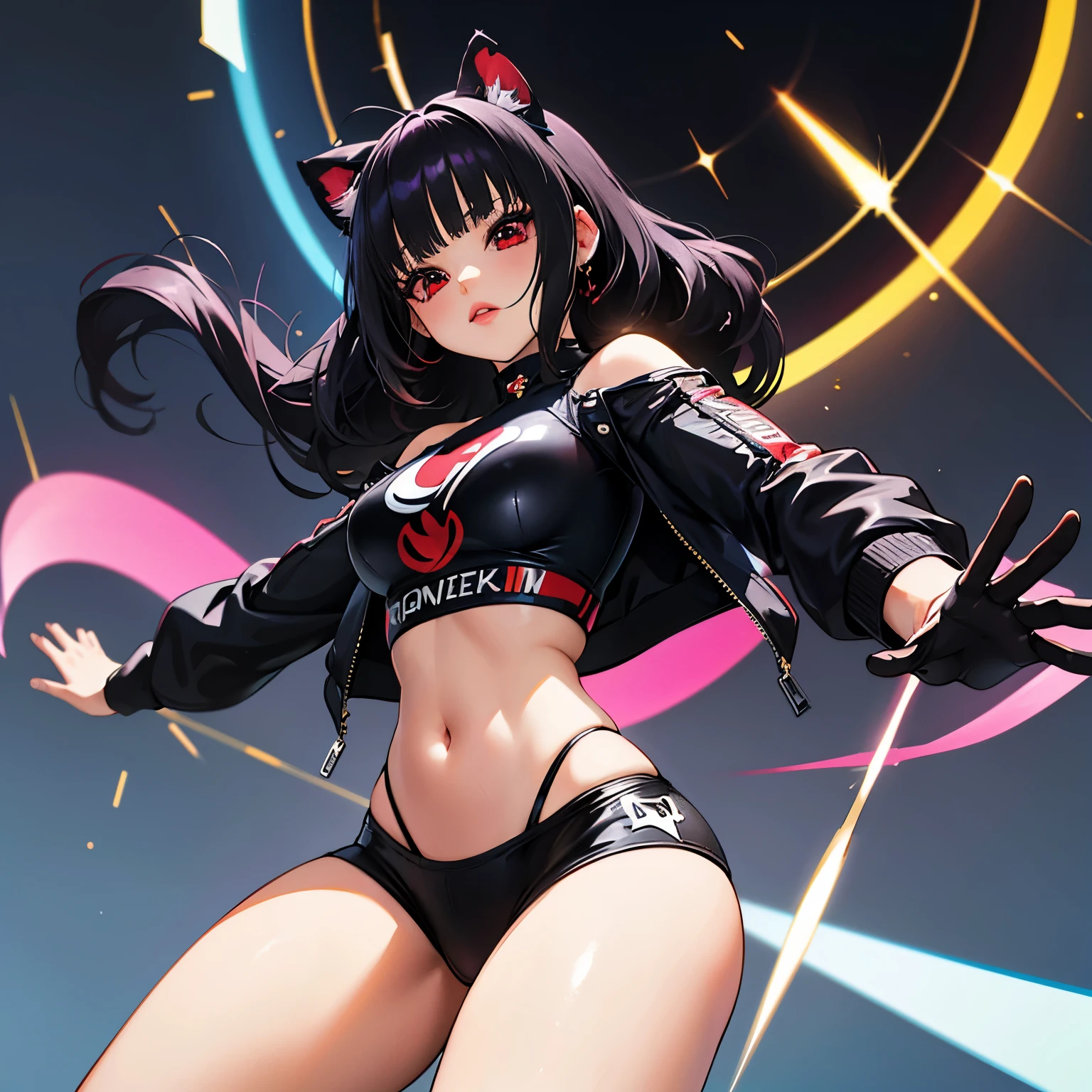 ((masterpiece)), Best Quality, absurd, ultra detailed, Holographic, cowboy shot, golden ratio, super cute girl, mature girl, idol girl, Super beautiful Asian girl with very beautiful bright red eyes., beautiful shiny black hair, cat ears,  nice and sexy body, Skinny body, perfect body, wearing a super tight anime print leotard, A super tight off shoulder long sleeve crop top with anime print, A super aesthetic transparent mini jacket, beautiful hair ornament, pink jordan sneakers, being photographed in a mall store,