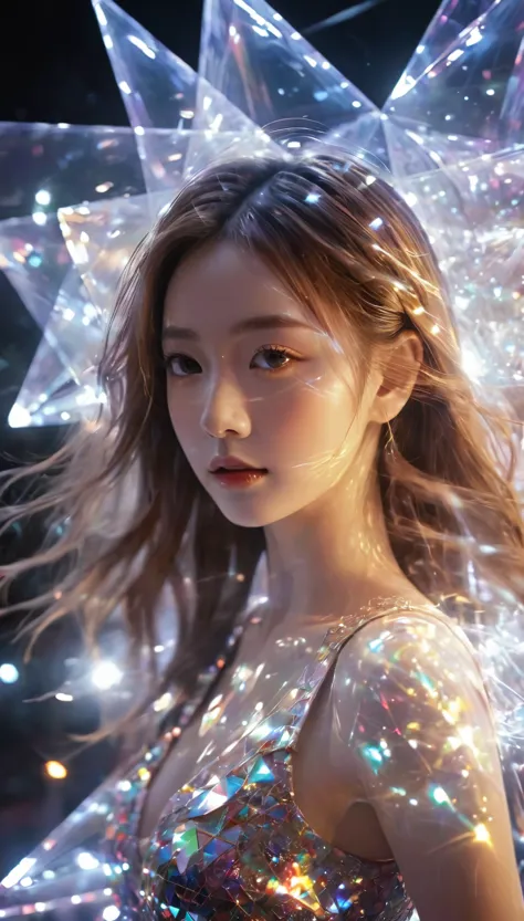 1girl，beautiful，blingbling，Motion blurred，triangle，Movie-level lighting effects，close up，detailed face