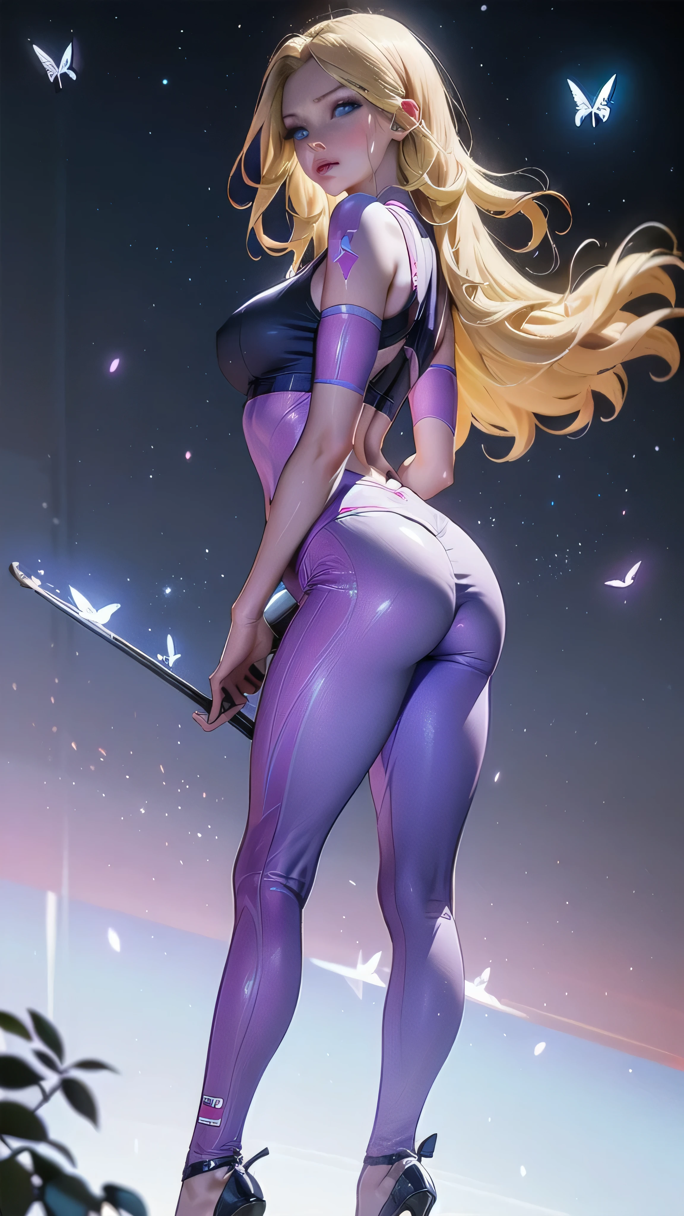 (work of art), (masterpiece), (best quality), a blonde girl, (blue eyes), wearing  transparent baby pink sports bra, wearing baby pink sports bra ,brightly lit night city background, red bow, butterflies in golden circle, flowing hair , but g , full figure head to toes , standing beside poles , showing beautiful backside,back angel wearing high heels , baby pink bra, baby pink sports bra, baby pink leggings 
