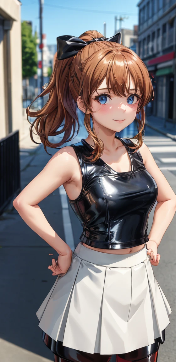 best quality, (masterpiece:1.2), highly detailed, standing, street,
1girl, solo, akatsuki minami,
looking at the viewer, closed mouth, smile, slight blush,
blue eyes, brown hair, ponytail, hair bow, sleeveless, ((dominant girl, latex skirt,  latex shirt)),(upper_body)