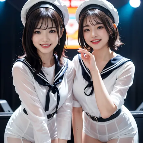 A young and beautiful woman、very beautiful、Top Idol、(Concert)、Euphoric look、smile、sweating、(Tight semi-transparent latex sailor suit:1.4、ribbon、Sailor Hat)、Dance hard、Hair is moving、Spotlight、View your viewers、