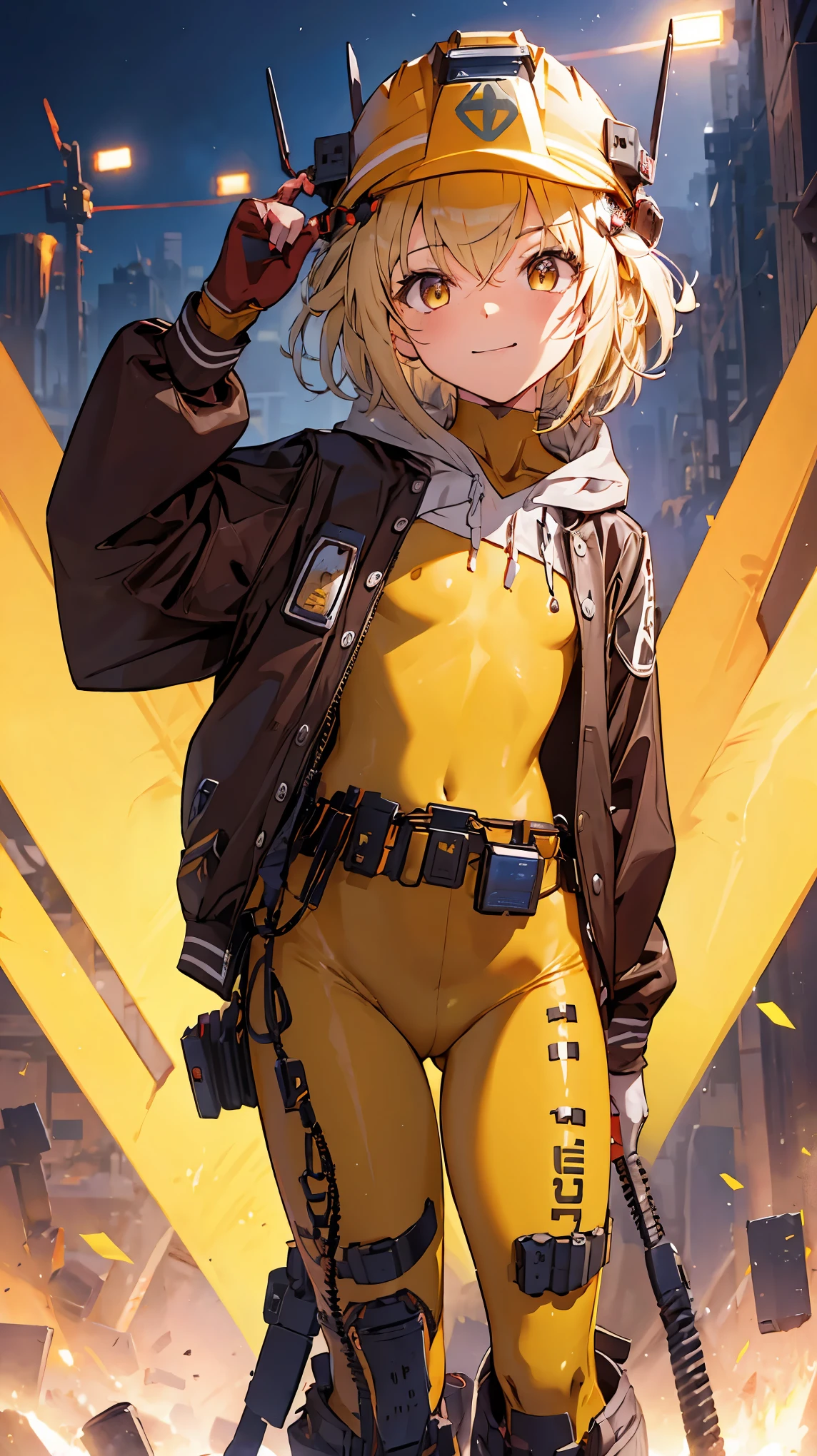 cowboy shot,nikkeliter,1girl,short stature,(flat chest:1.3),short hair,jacket,yellow eyes,helmet,yellow zentai,smile,masterpiece,Noise Reduction,perfect anatomy,high resolution, ultra-detailed,game cg,dutch angle ,beautiful detailed eyes,visualart,five fingers, perfect hands, perfect lighting,