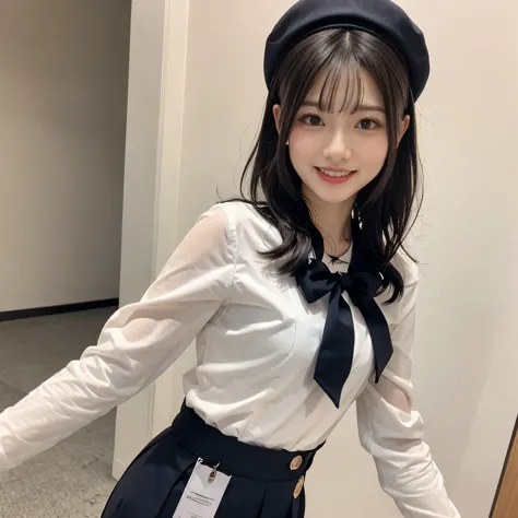 A young and beautiful woman、very beautiful、Top Idol、(Concert)、Euphoric look、smile、sweating、(Tight semi-transparent latex sailor suit:1.45、ribbon、Sailor Hat)、Dance hard、Hair is moving、Spotlight、View your viewers、