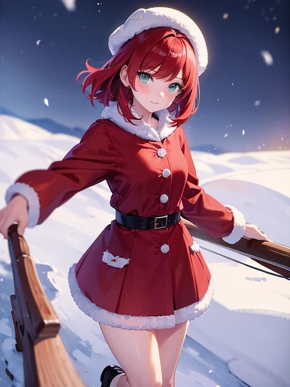 girl，Redhead，Short Bob，Second dimension beautiful girl，Using a bow，Fluffy fur，Snow Scene