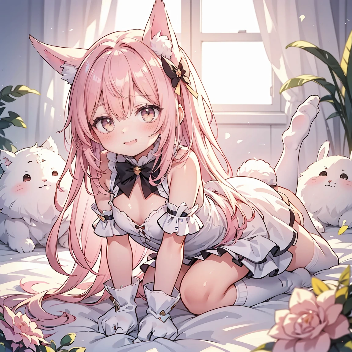 (Exquisite, beautiful, Very detailed, masterpiece, high quality,High resolution),(Well-formed face,Soft thin lines: 1.2,),(A girl with a rabbit motif,Big fluffy droopy ears and a big fluffy bunny tail,Wear fluffy gloves and socks,very little girl),Happy and relaxed on a fluffy cloud,Fluffy and soft lace clothing, frills and ribbons,beautiful毛並み,barefoot,(Short eyebrows,Pale pink blush, Plump pink lips,Small Nose,Double teeth,When I laugh, Canine teeth visible,Eye of the Beast,Quite large and fluffy bust,Open chest,Fair skin, Good style),Bright colors,Eye-catching colors,Dynamic Angle,defenseless,The hair is fluffy and soft