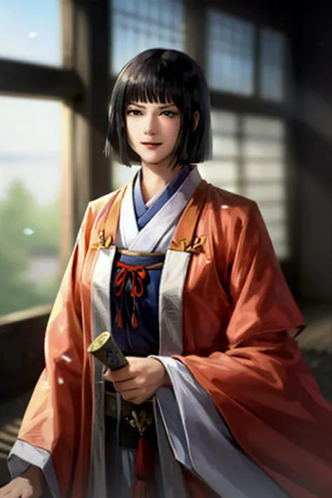 short hair,pretty girl, alone,Holding a long Japan sword