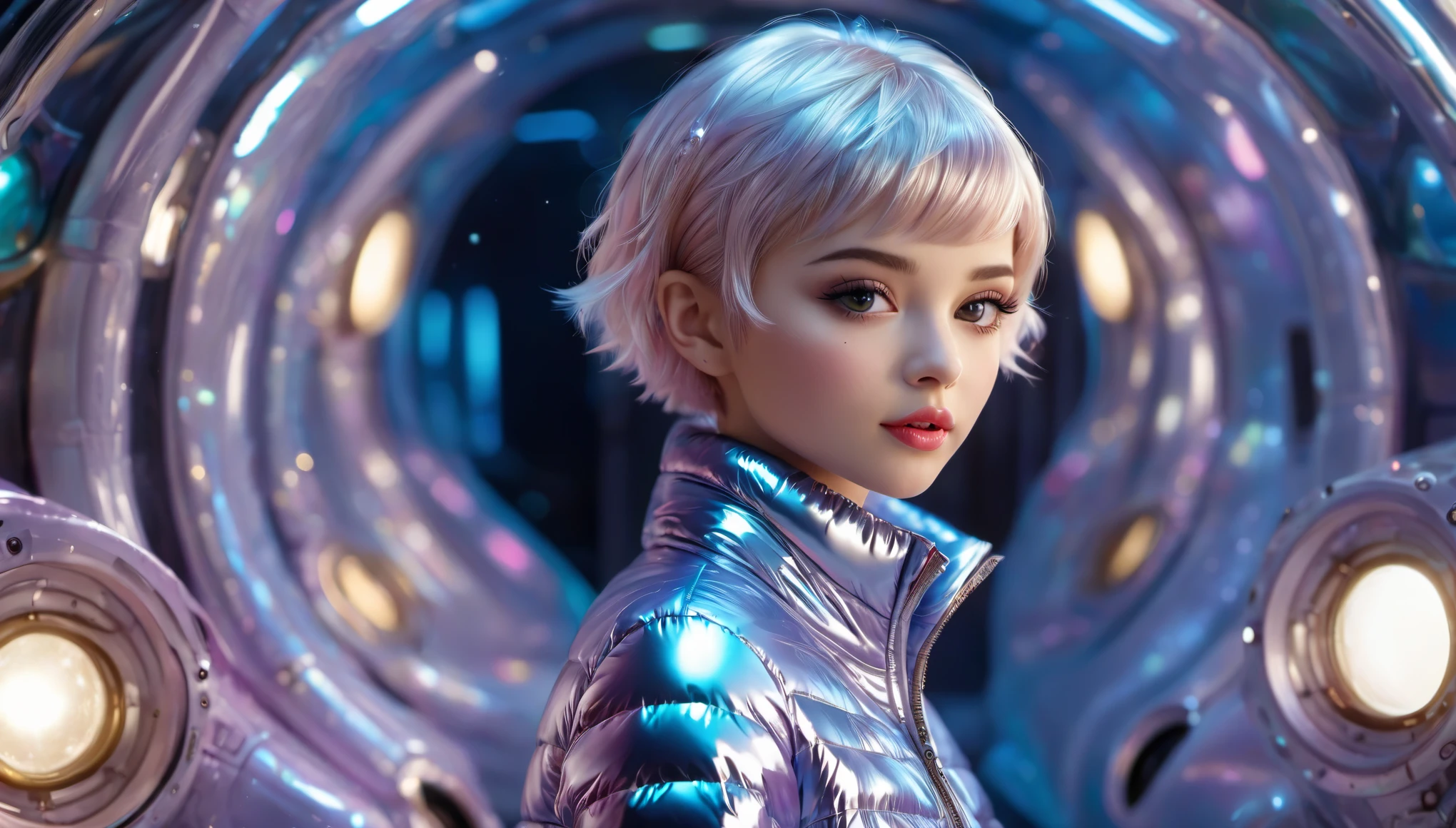 Masterpiece, Best Quality, ((two cute girls in open shiny puffer, no makeup, small perky breasts, extremely detailed face, beautiful detailed eyes, beautiful detailed lips, short colored pixie hair, small hips, fearfull expression, enticing, in a spaceship))