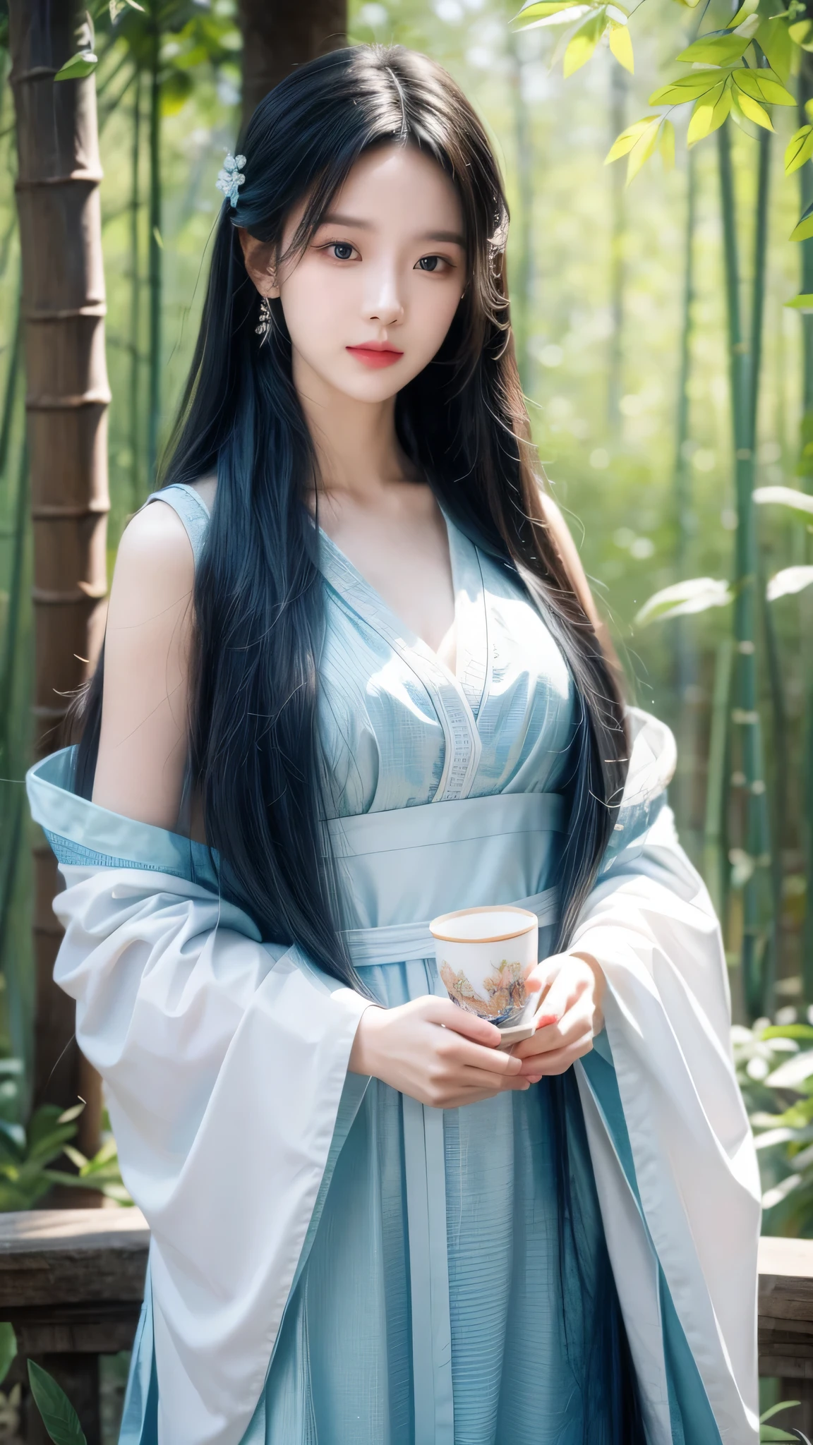 masterpiece, best quality, official art, 8k wallpaper, Very detailed, illustration, 1 boy, Chinese, ink, sky blue hair, Long hair, Delicate eyes, Forrest Fun, Bare shoulders, Hanfu, lake, pure, Gentle smile, bamboo, Tea