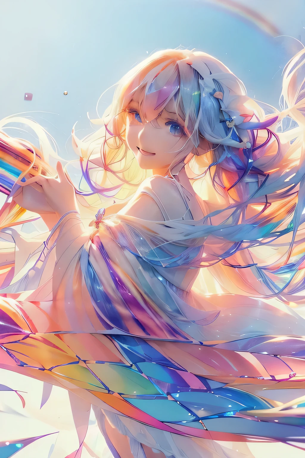 Fantasy, anime,Bright, (White background Plain white background:1.5),Girl,teenager,Full body view,(((Rainbowless:1.5, Colorful Dresses, pastel, Rainbow Colors, Colorful))),short hair,Curly hair,Black Hair,Spiky Tiara, smile, Perfect Arms, Perfect Fingers