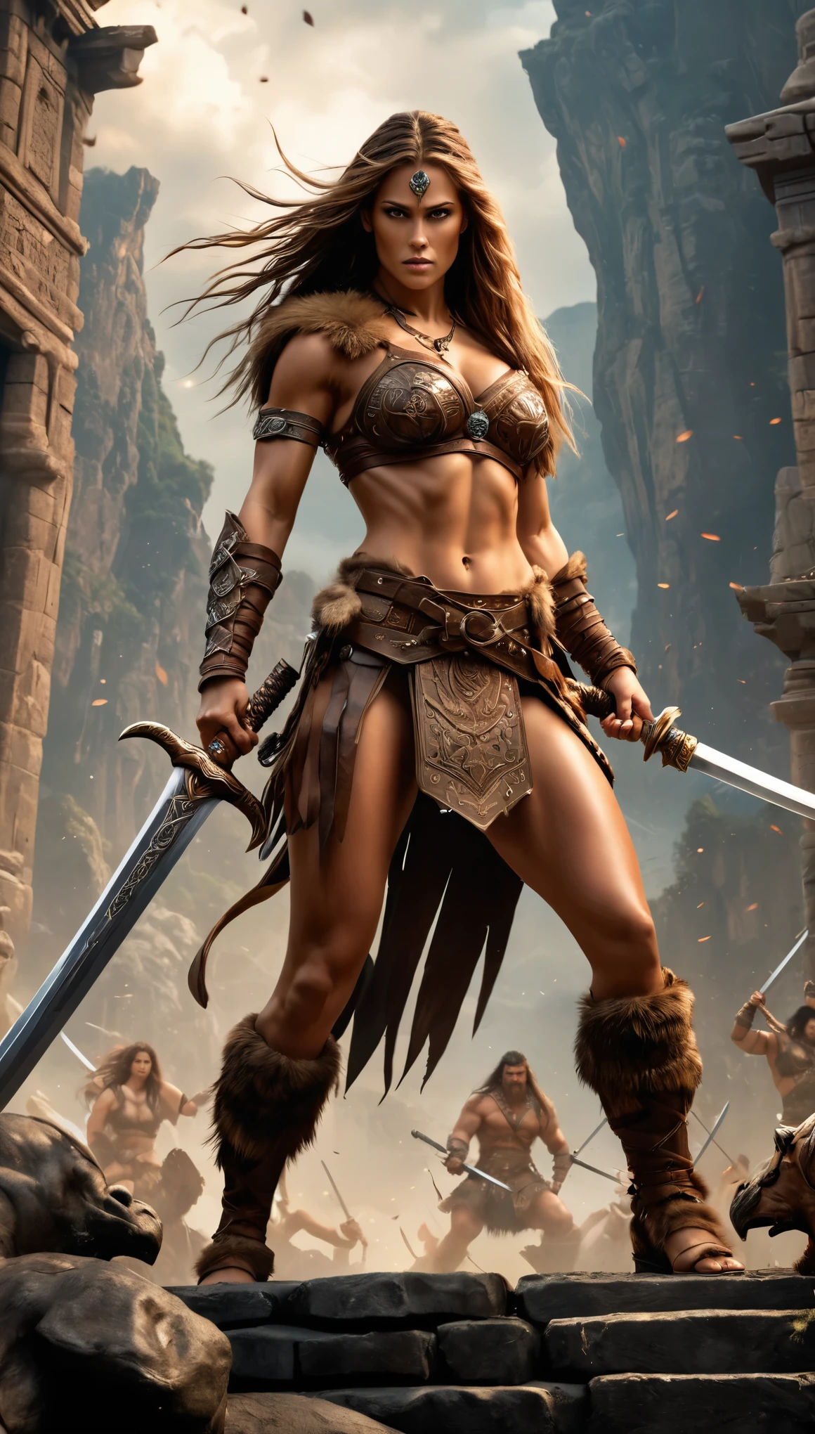 analog style, high resolution, (((masterpiece))), (full body shot:1.3), (low angle shot:1.5), swordsman, female, fantasy, barbarian, action pose, very detailed, long hair, holding long two-handed sword, Award-winning movie poster, (((photorealistic)))