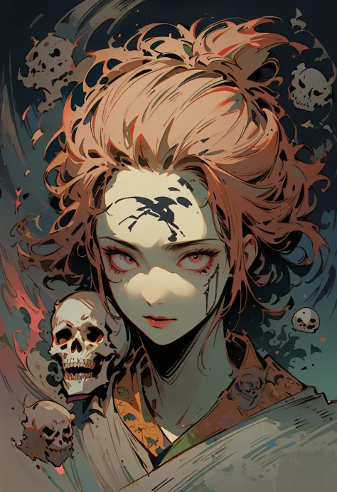 Melted skull background、scribble, nightmare, doll-like face, Manga style, rough sketch, Horror elements, (masterpiece), (High re...