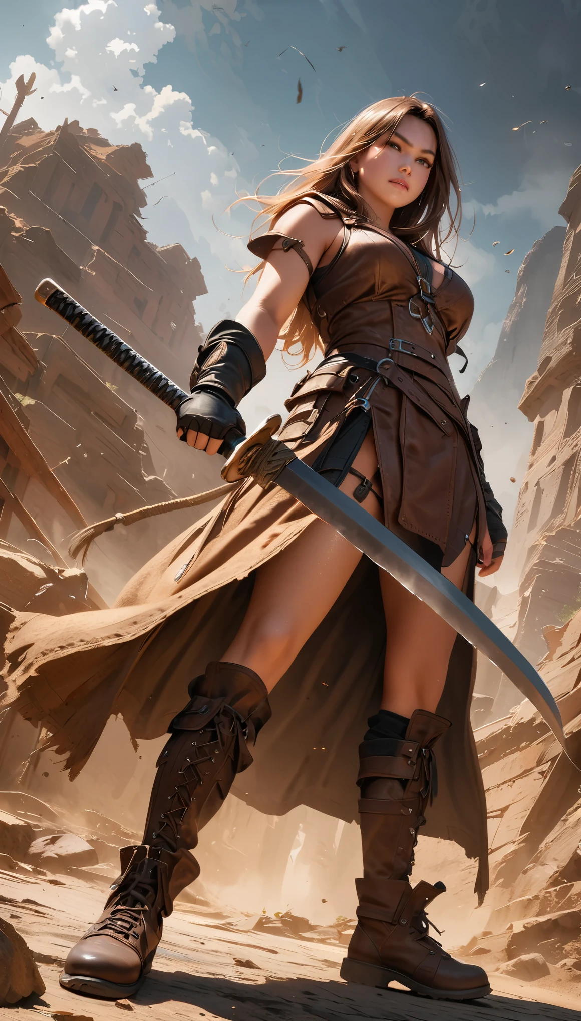 analog style, high resolution, (((masterpiece))), (full body shot:1.3), (low angle shot:1.5), swordsman, female, fantasy, barbarian, action pose, very detailed, long hair, holding long two-handed sword, Award-winning movie poster, (((photorealistic)))