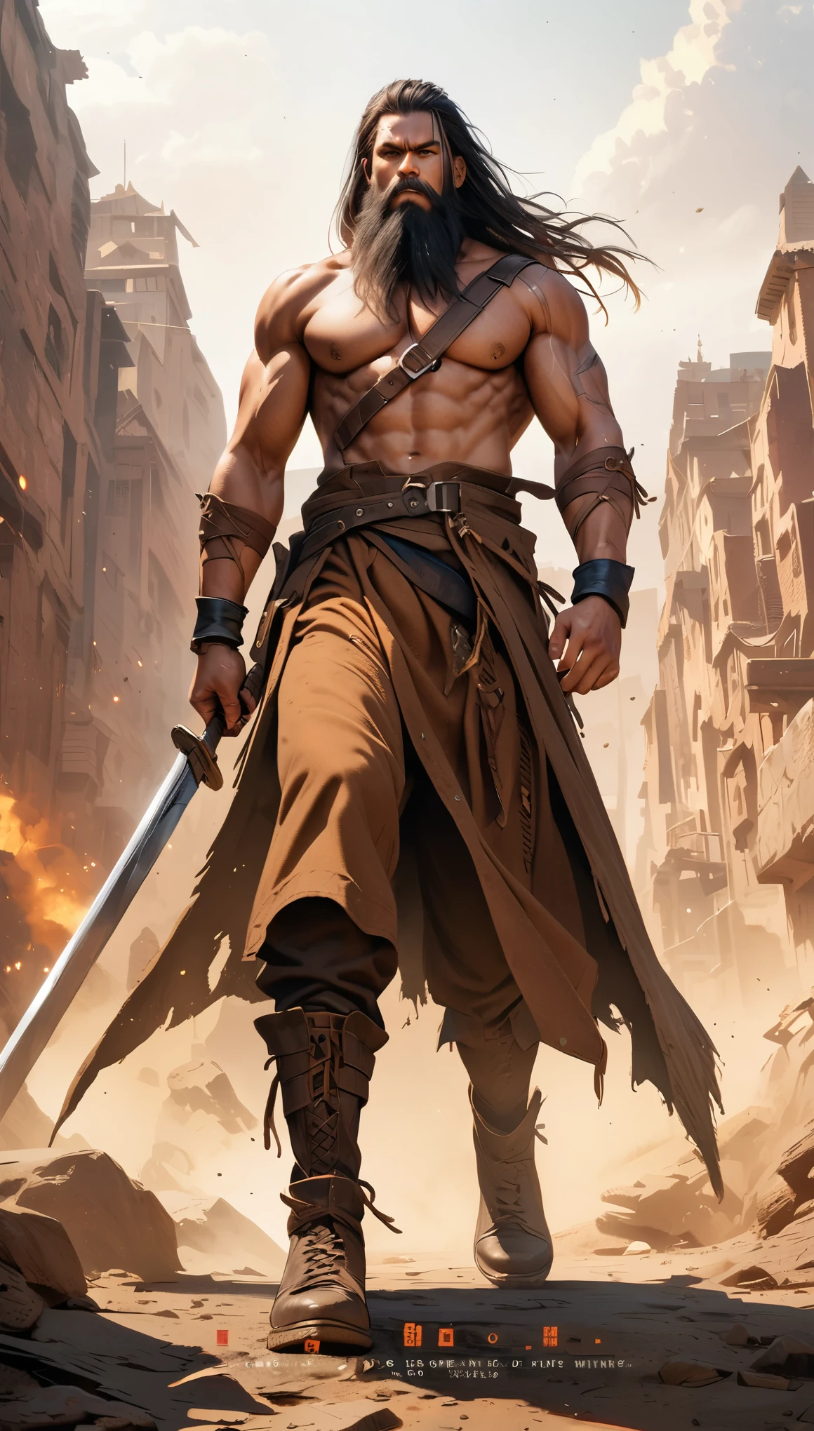 analog style, high resolution, (((masterpiece))), (full body shot:1.3), (low angle shot:1.5), swordsman, fantasy, barbarian, action pose, very detailed, long hair, long beard, holding long two-handed sword, Award-winning movie poster, (((photorealistic)))
