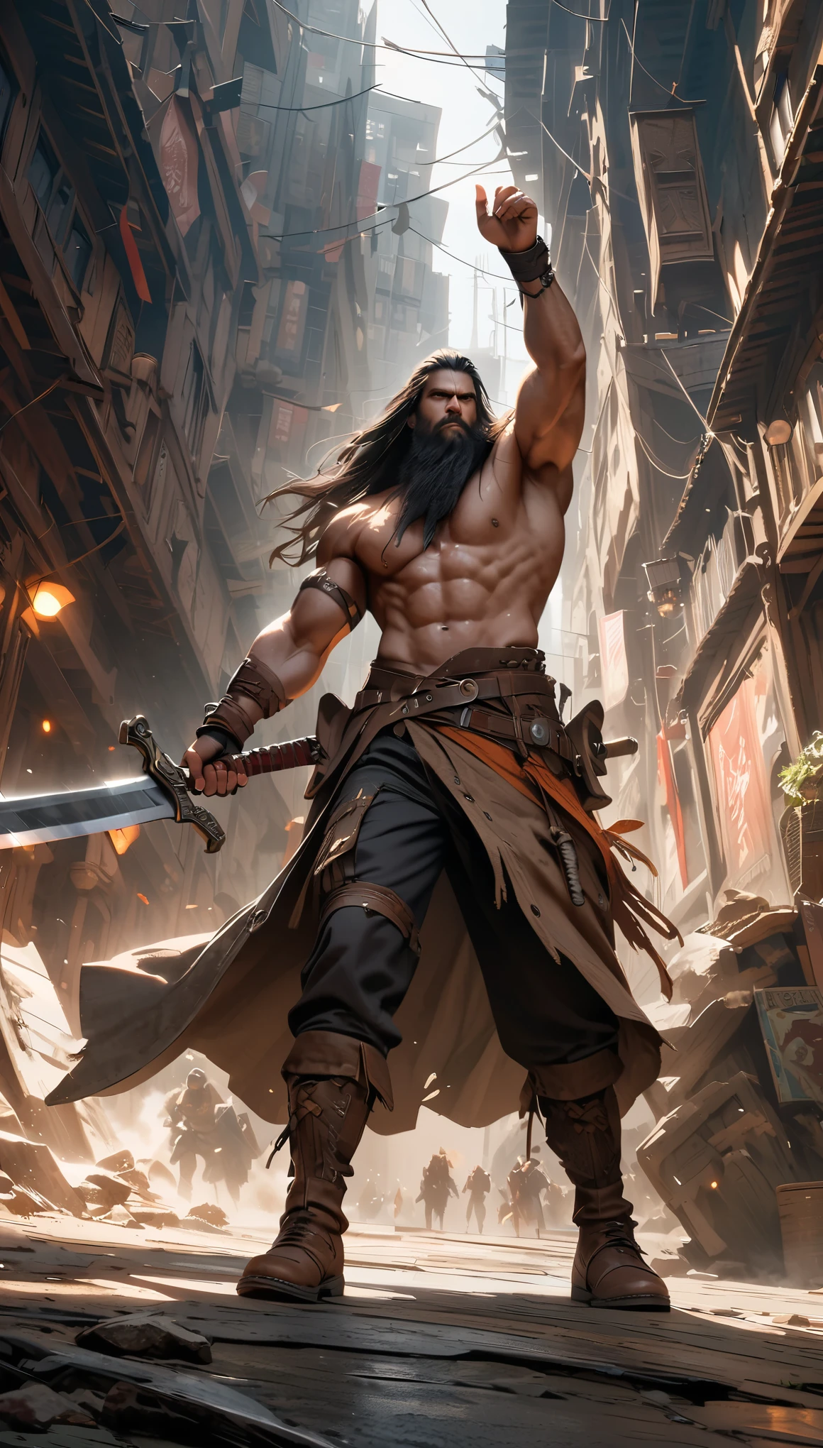 analog style, high resolution, (((masterpiece))), (full body shot:1.3), (low angle shot:1.5), swordsman, fantasy, barbarian, action pose, very detailed, long hair, long beard, holding long two-handed sword, Award-winning movie poster, (((photorealistic)))