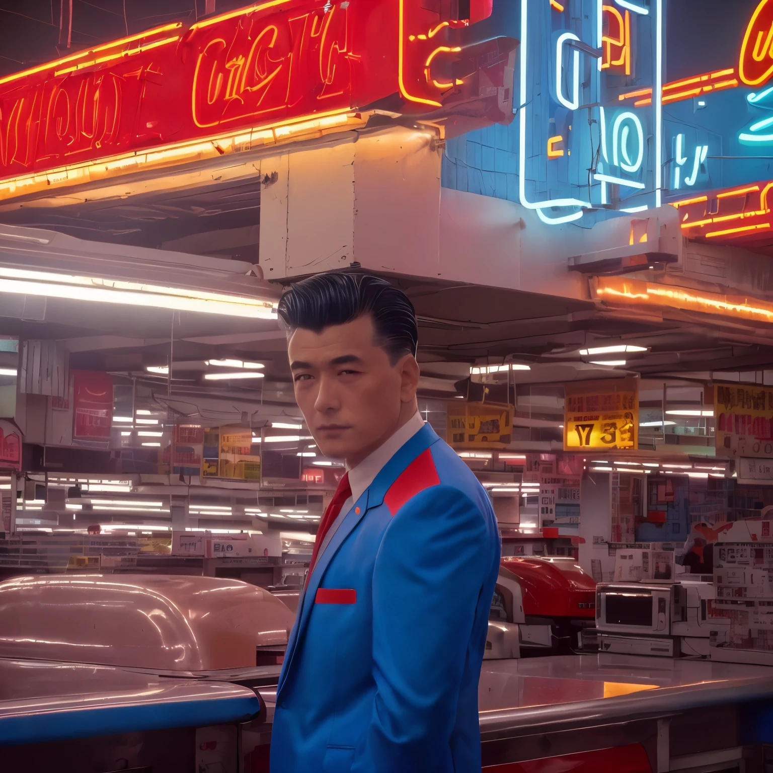 analogue fashion photo shot of mature handsome man with short hair, in a 1950 cuban supermarket, ((neon lights red and blue lights)), ((high fashion suit in the style of Luis Vuitton)), model poses, masterpiece, eye level, Kodak Funsaver, Porta 160, 20mm, bokeh, in the style of Nan Goldin, textured, distressed, ((vintage)), edgy, noisy, high contrast