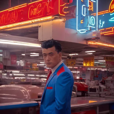 analogue fashion photo shot of mature handsome man with short hair, in a 1950 cuban supermarket, ((neon lights red and blue ligh...