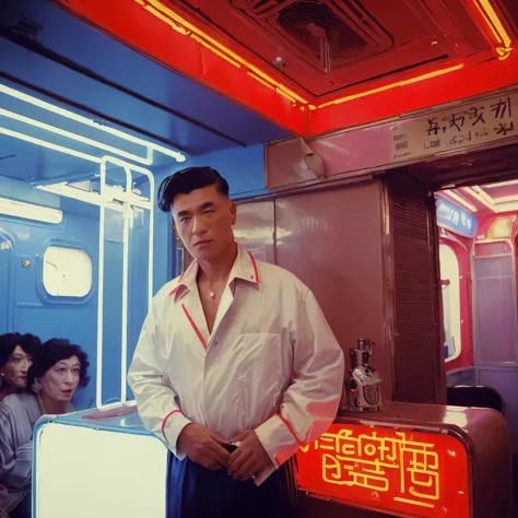 analogue fashion photo shot of mature handsome man with short hair in a 1980 greek living room interior, ((neon lights red and b...