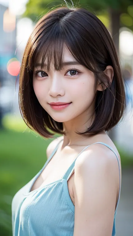 (((Definitely a shoulder-length, short, straight brown bob)))、(((She is posing like a hair salon model with a summer park in the...
