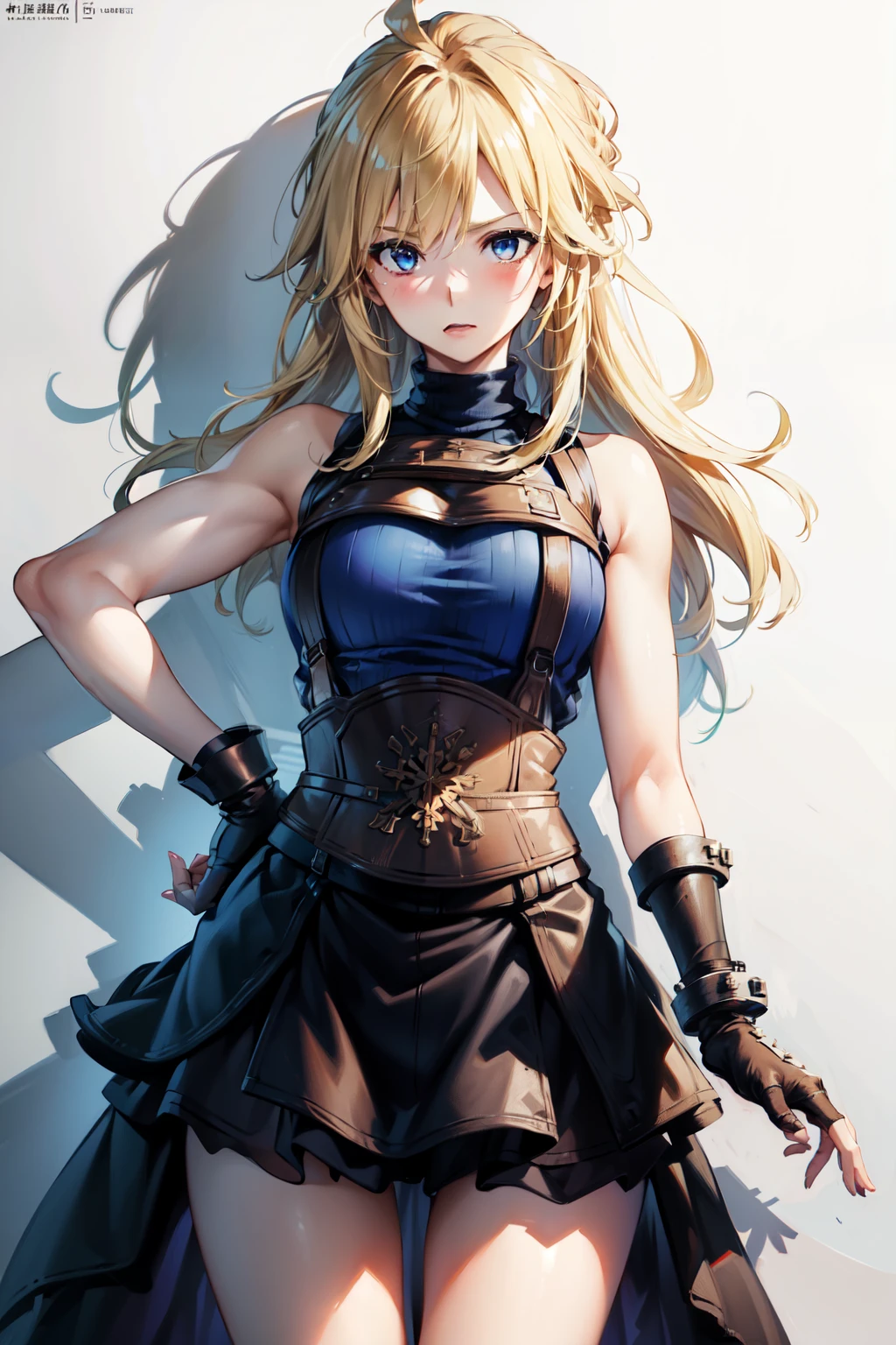 (masterpiece, best quality:1.2), expressive eyes, perfect face, highres, 1 girl, solo, (female:1.5), strife, blonde hair, shoulder armor, sleeveless turtleneck, suspenders, belt, gloves, bracer, blushing, surprised face, standing, portrait, looking at viewer,