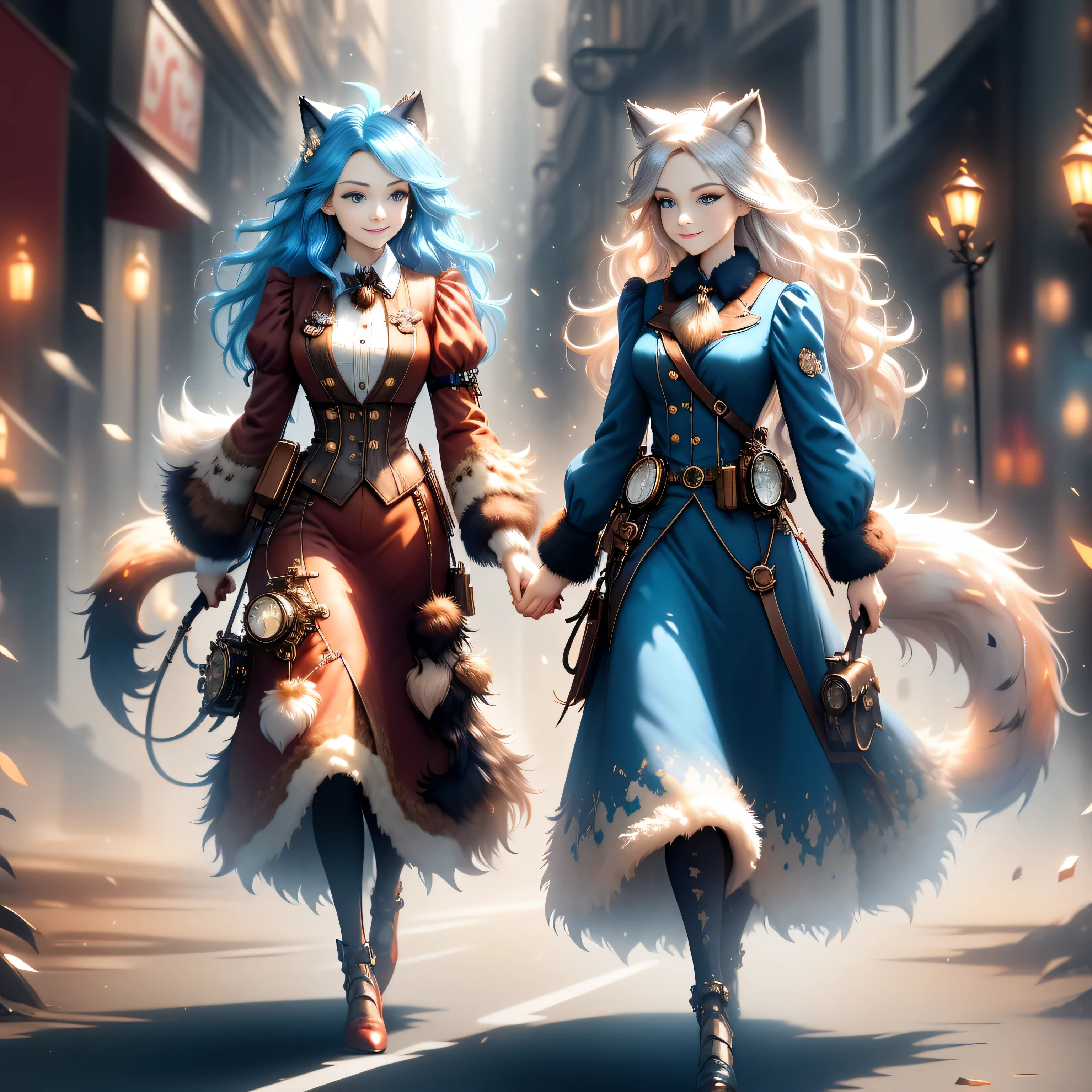 woman, hairy woman, wolf woman, full body portrait, full fur, magic fur, full tail, big tail, magic tail, magic hair, long hair, bushy hair, hair, hair with a brooch (gear shaped brooch ), almond-shaped eyes, blue eyes, shy smile, charming face, red cheek, long dress (dark blue color in steampunk style), worn tights, black tights, heeled shoe, steampunk shoe, background with steampunk city (a woman wolf this walk in the city), lots of people in the street