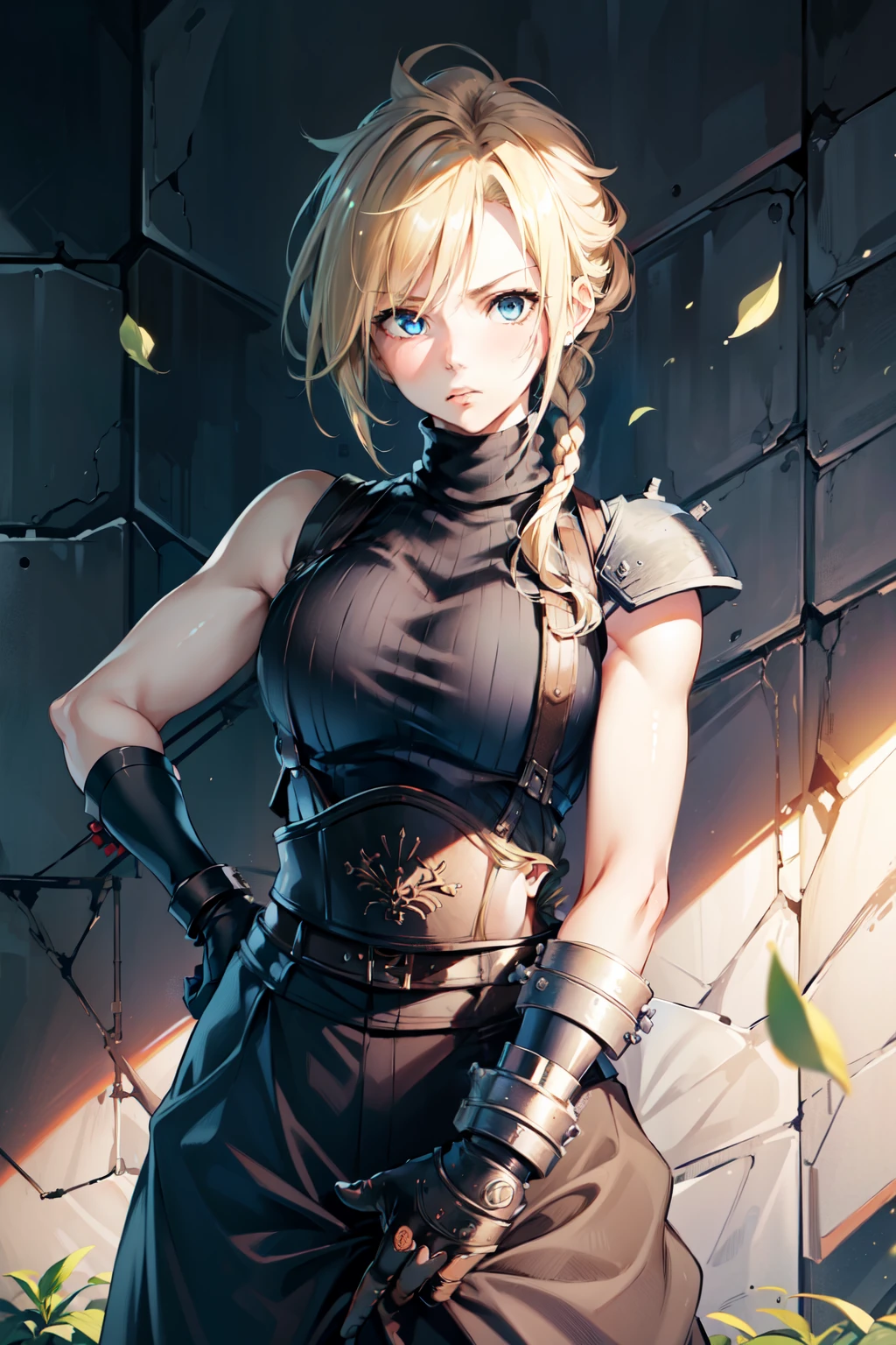 (masterpiece, best quality:1.2), expressive eyes, perfect face, highres, 1 girl, solo, (female:1.5), strife, blonde hair, shoulder armor, sleeveless turtleneck, suspenders, belt, gloves, bracer, blushing, surprised face, standing, portrait, looking at viewer,