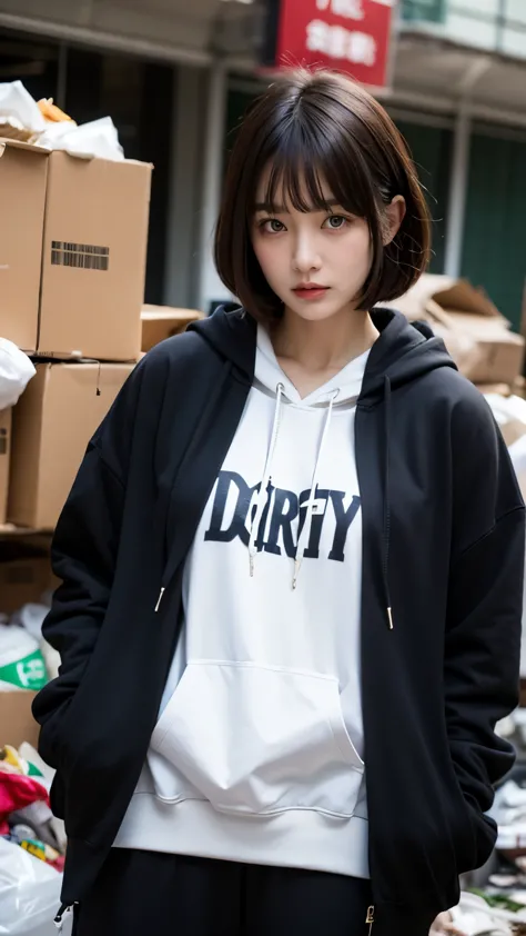 18-year-old,Korean women,(((Facing forward))),(((Frowning,カメラをGlaring))),(Very fine eye), (((Wearing a black hoodie))),((photogr...