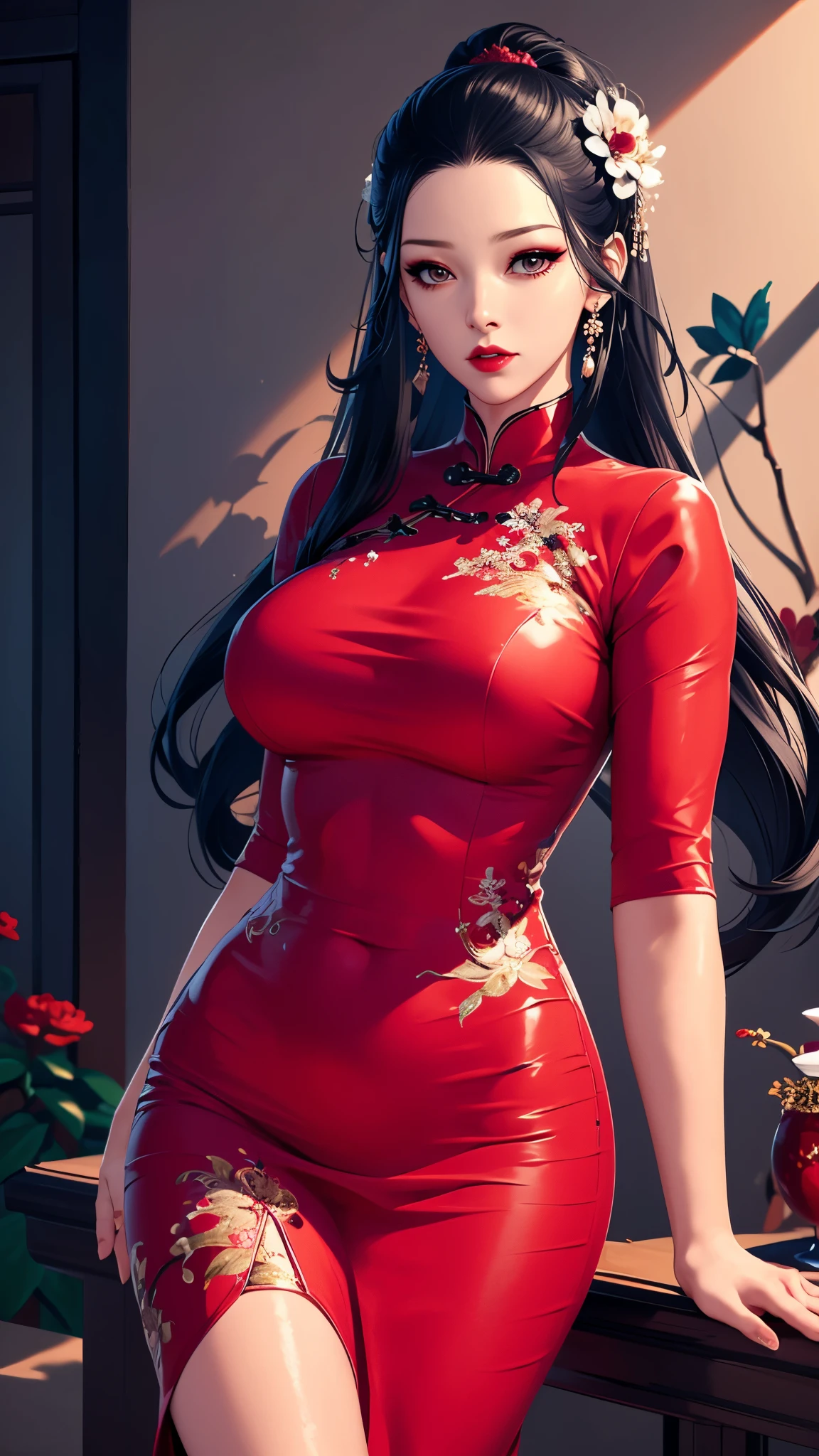 （（（完美figure，figure，（（（qipao，chinese clothes,red dress,china dress, （（（hinata\(boruto\),purple hoodie,brown pants,black shirt, apron））），））），（（（ailisha，long hair,hair ornament,jewelry,earrings,hair flower,red lips,makeup,short sleeves,lipstick,facial mark,parted lips,eyelashes,eyeshadow,very long hair,））），((masterpiece)),high resolution, ((Best quality at best))，masterpiece，quality，Best quality，（（（ Exquisite facial features，Looking at the audience,There is light in the eyes，(（（lol，confidence））)，））），型figure:1.7））），（（（Light and shadow，Huge breasts））），（（（Looking at the camera，black background，）））