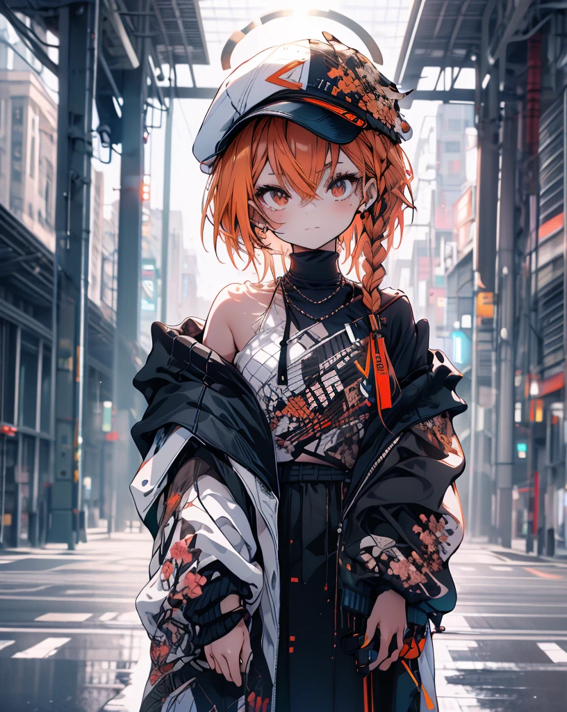 masterpiece,1girl,solo,long hair,black-orange hair,hoodie,off shoulder:1.2, mob cap, street,hand on hip, hand in pocket,