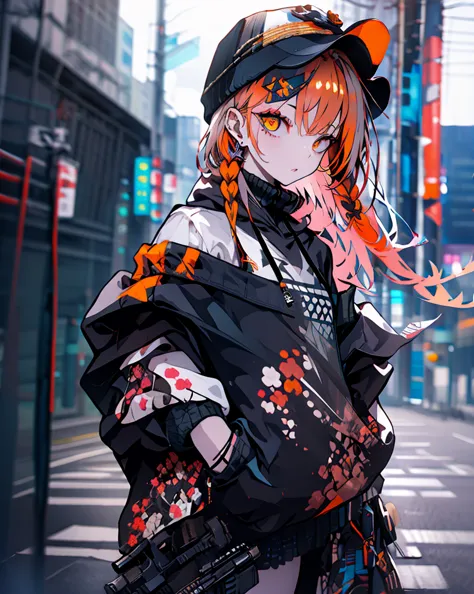 masterpiece,1girl,solo,long hair,black-orange hair,hoodie,off shoulder:1.2, mob cap, street,hand on hip, hand in pocket,