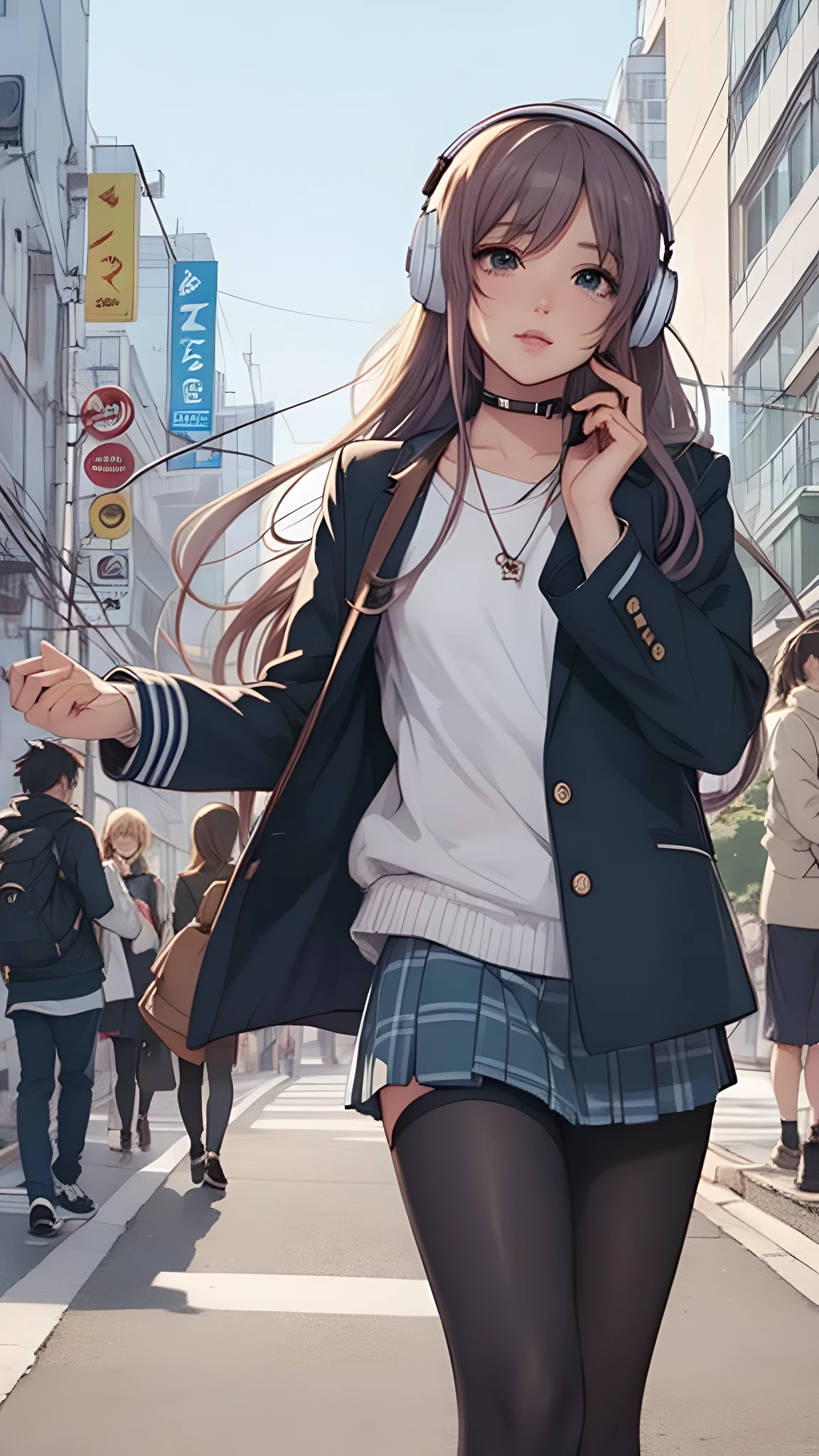 Anime Girls with headphones on walking across a busy city street, Beautiful anime school girl, Lofty Girl, Anime atmosphere, Anime Style 4 k, young Anime Girls, Anime Aesthetics, an Anime Girls, Anime Style illustration, retro Anime Girls, Anime Style. 8k, City Girl Fan Art, Tokyo Anime Scene, Anime Girls, Digital anime illustration, modern Anime Style