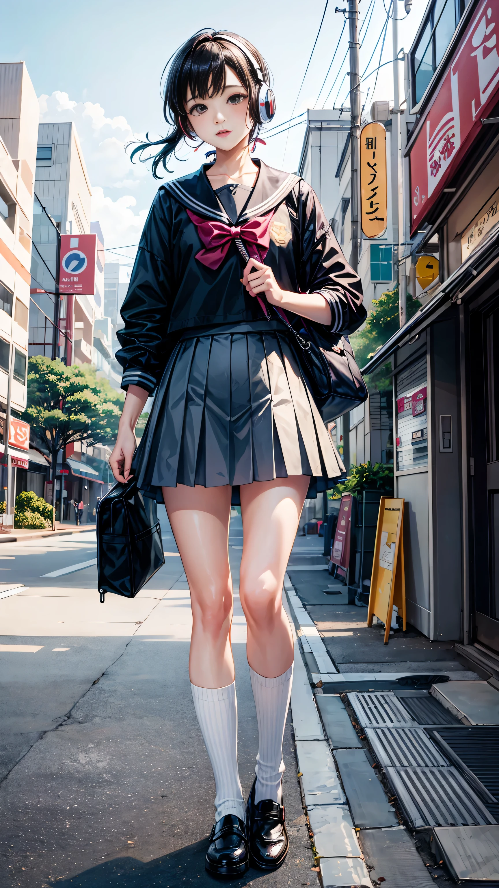 (chef-d&#39;œuvre), (la plus haute qualité:1.4), (Ultra haute résolution:1.2),  Contexte très détaillé, (unité 8k fond d&#39;écran), Jolie lycéenne marchant dans les rues de Tokyo avec des écouteurs。Illustrations inspirées de la culture pop urbaine、costume de marin、Portez des chaussettes amples pour un look élégant et nostalgique、17 ans、grand