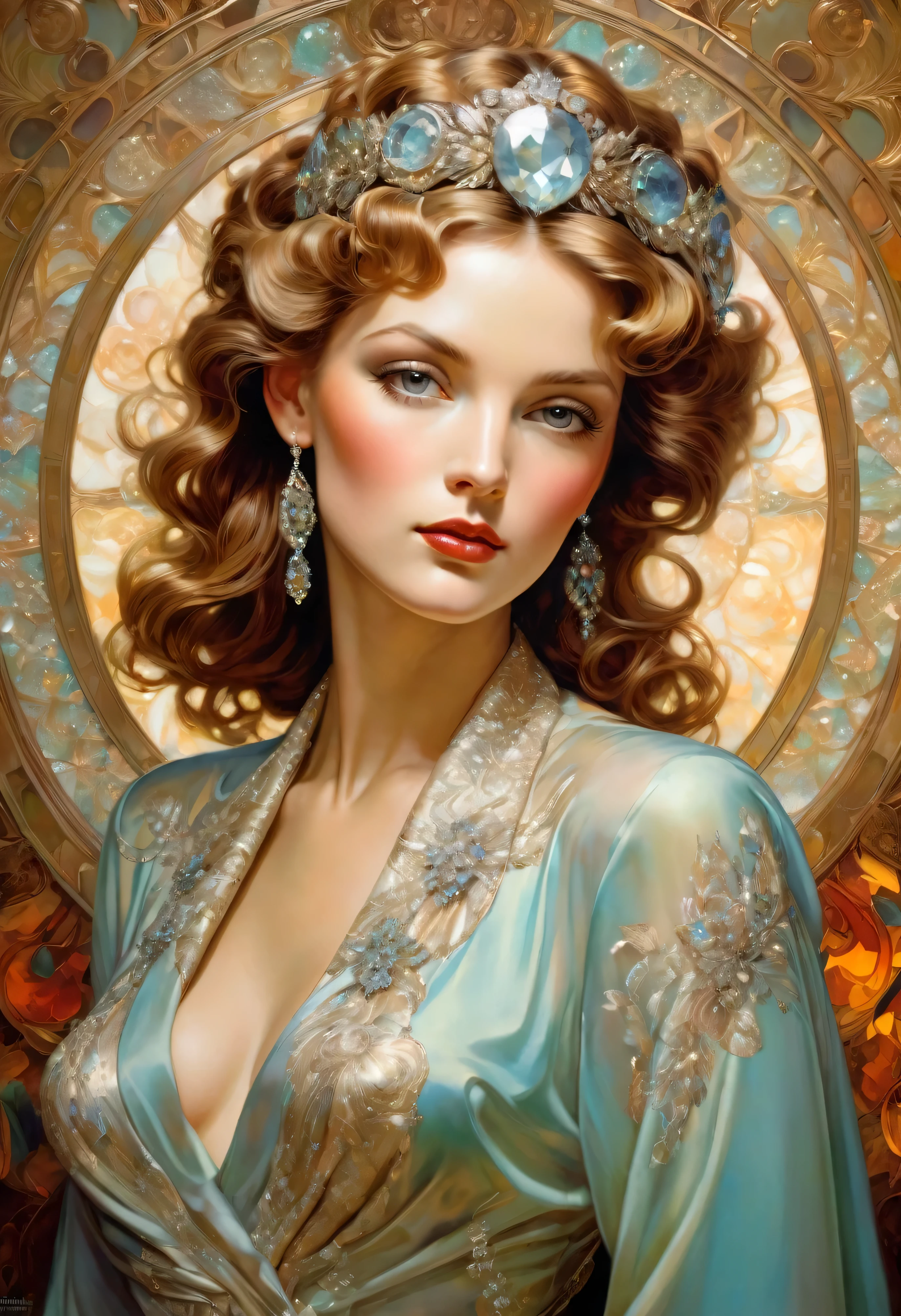 (Masterpiece) Portrait of the ethereal and beautiful Hugo Boss model from the 1940s, Beautiful painting with a very detailed face by Alphonse Mucha, Craig Mullins, Greg Rutkowski, Magaly Villanueva, (the most beautiful portrait in the world:1.5), Sparkling rhinestone crystal style.