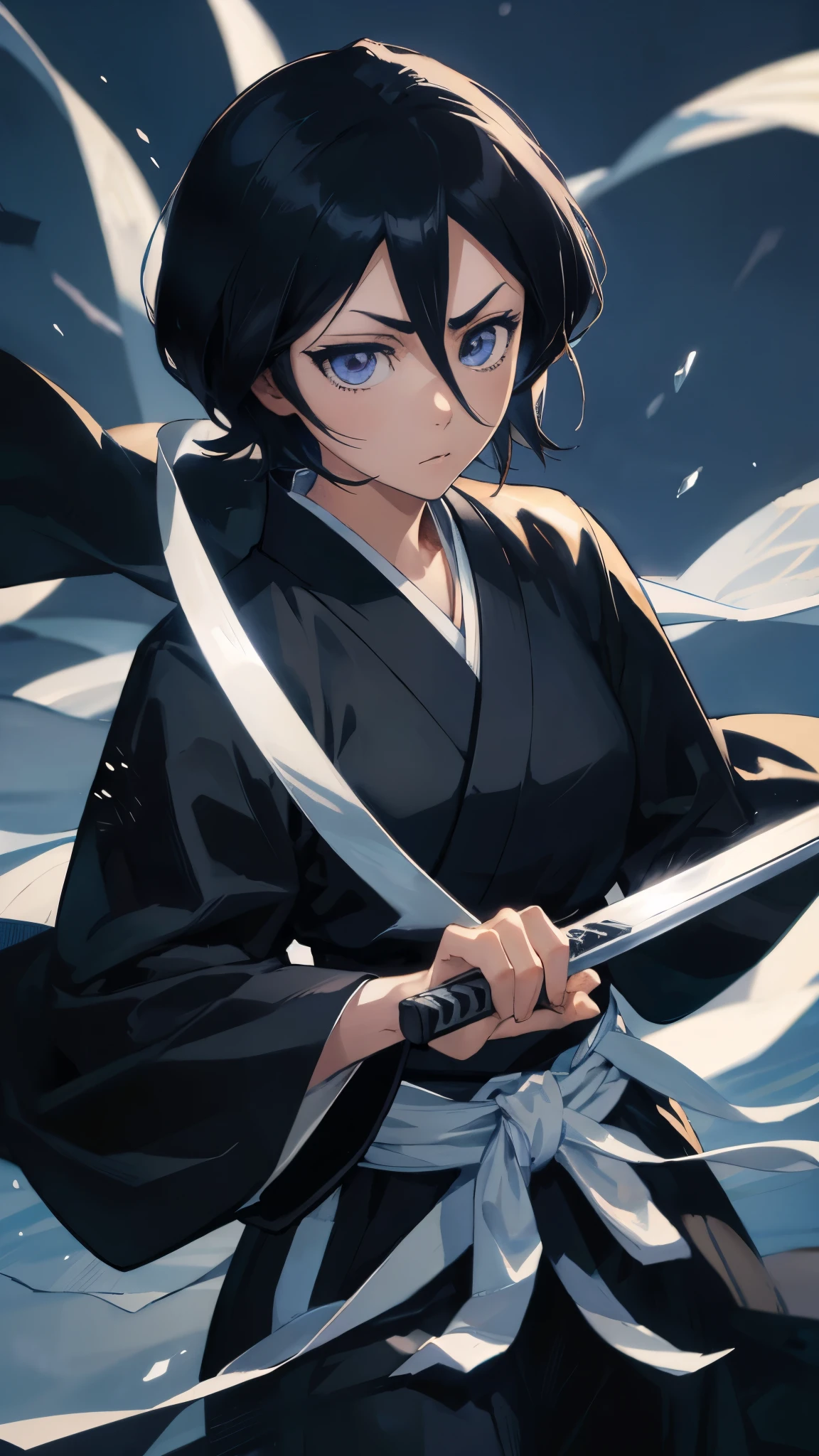 thick outlines, comics, photorealistic, 1girl, solo, ice, holding a katana, kuchiki_rukia, black kimono, japanese town, detailed background, detailed face, detailed eyes, 